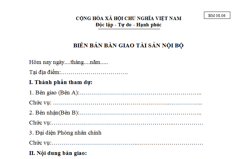 Biên bản bàn giao tài sản nội bộ